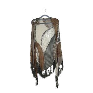 Chicos Boho Patchwork Knit Fringe Poncho One Size Neutral Tones Rayon Blend Wome